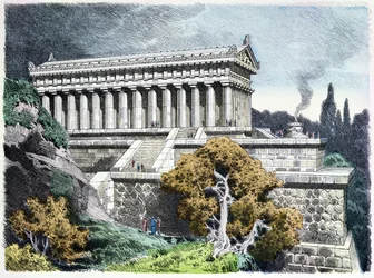 「ミュンヒナービルダーボーゲン」1886年に出版された「古代世界の七不思議」シリーズのエフェソスのダイアナ神殿（カラー彫刻）